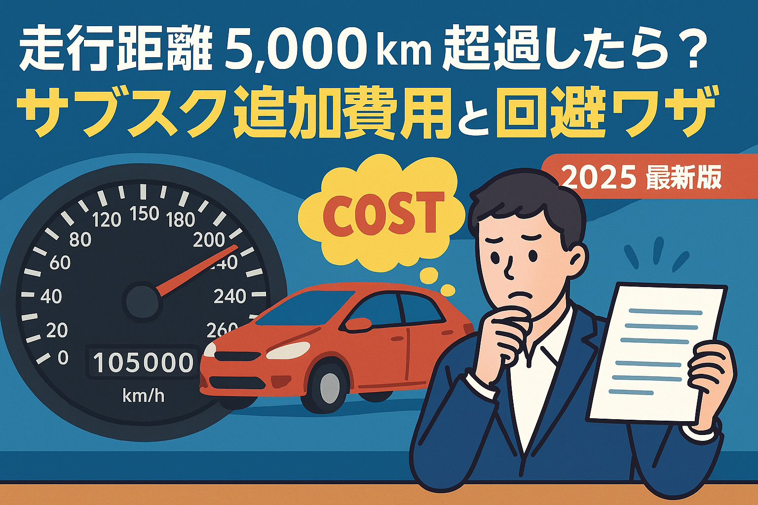 走行距離5,000km超過を示すメーターと警告マークが表示されたイラスト。サブスク契約書や追加費用のイメージと組み合わさった横長バナー。