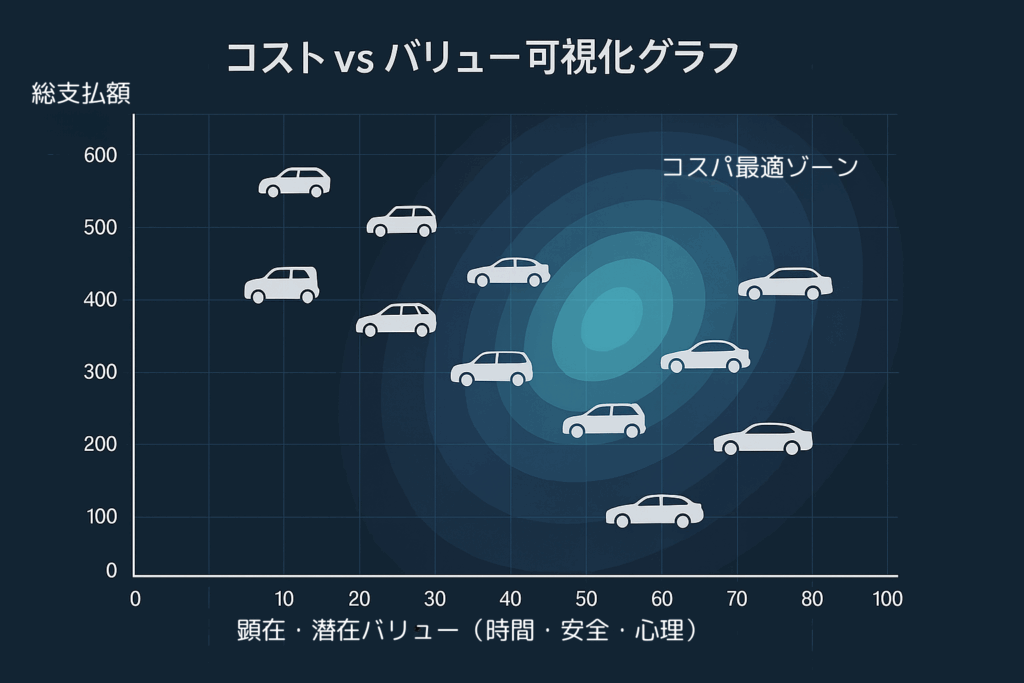 コストとバリューの相関を示す等高線入り散布図