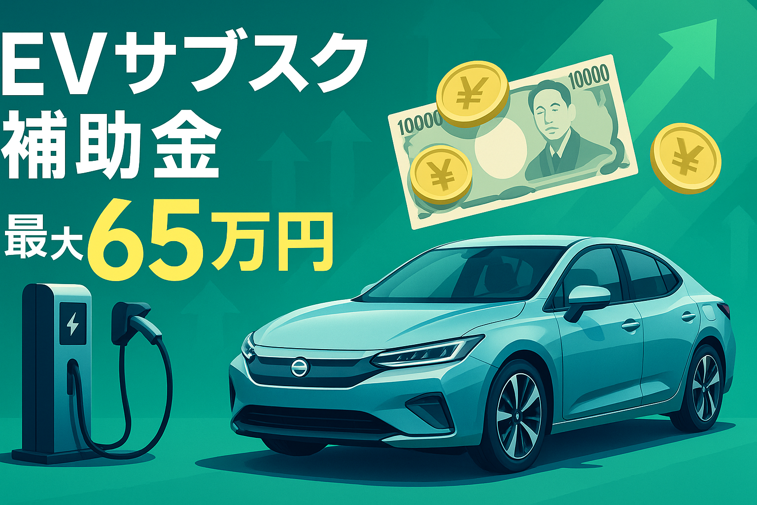 充電スタンドで充電中のEVと「補助金最大65万円」の文字が入った2025年版プロモーションバナー