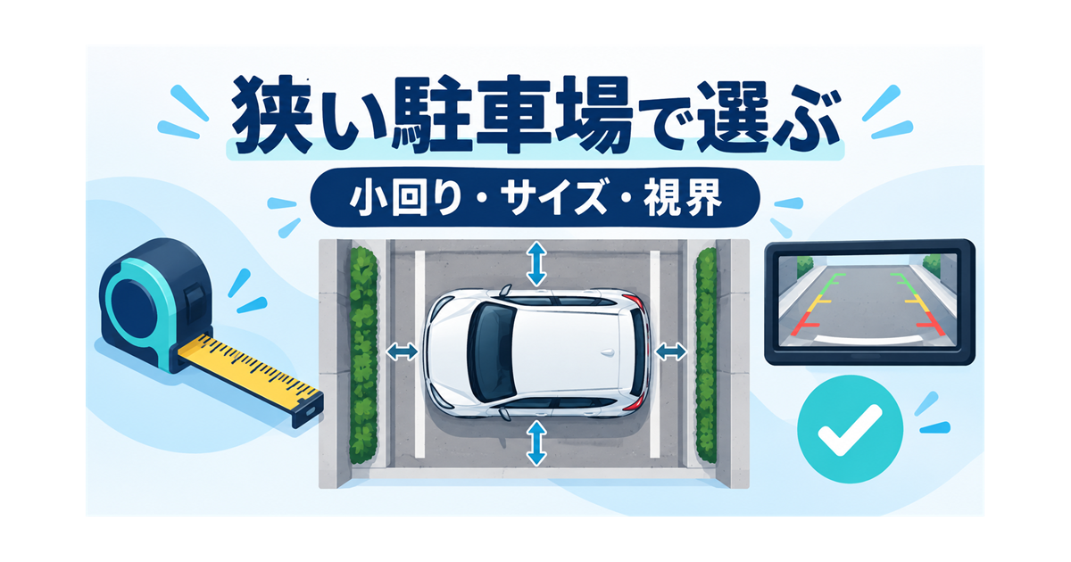 狭い駐車場や細い道で、車のサイズと小回りを確認するイメージを示すイラスト