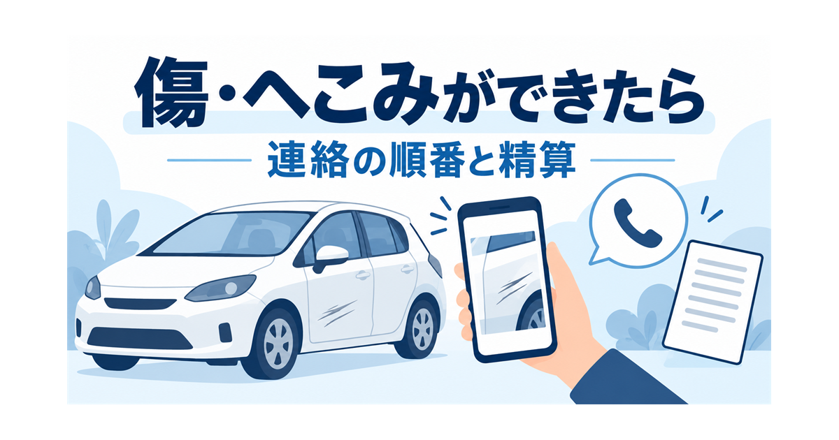 カーリースの車に傷・へこみができたときの連絡と精算の考え方を示すイラスト