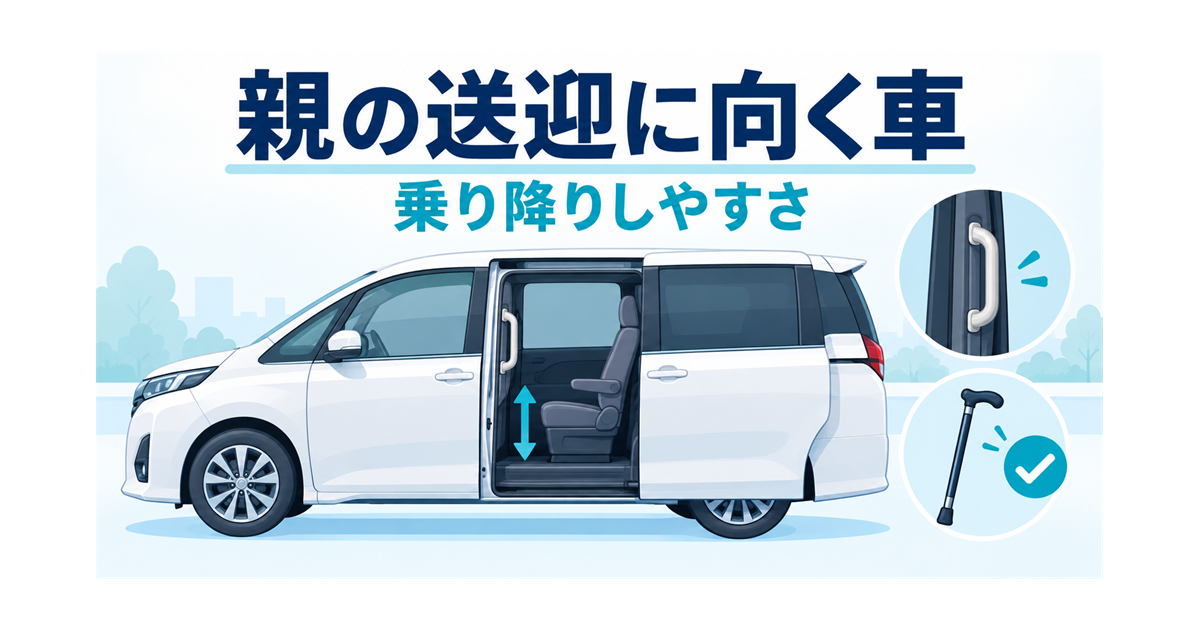 親や高齢の家族の送迎に向く車を、乗り降りのしやすさで選ぶイメージを示すイラスト