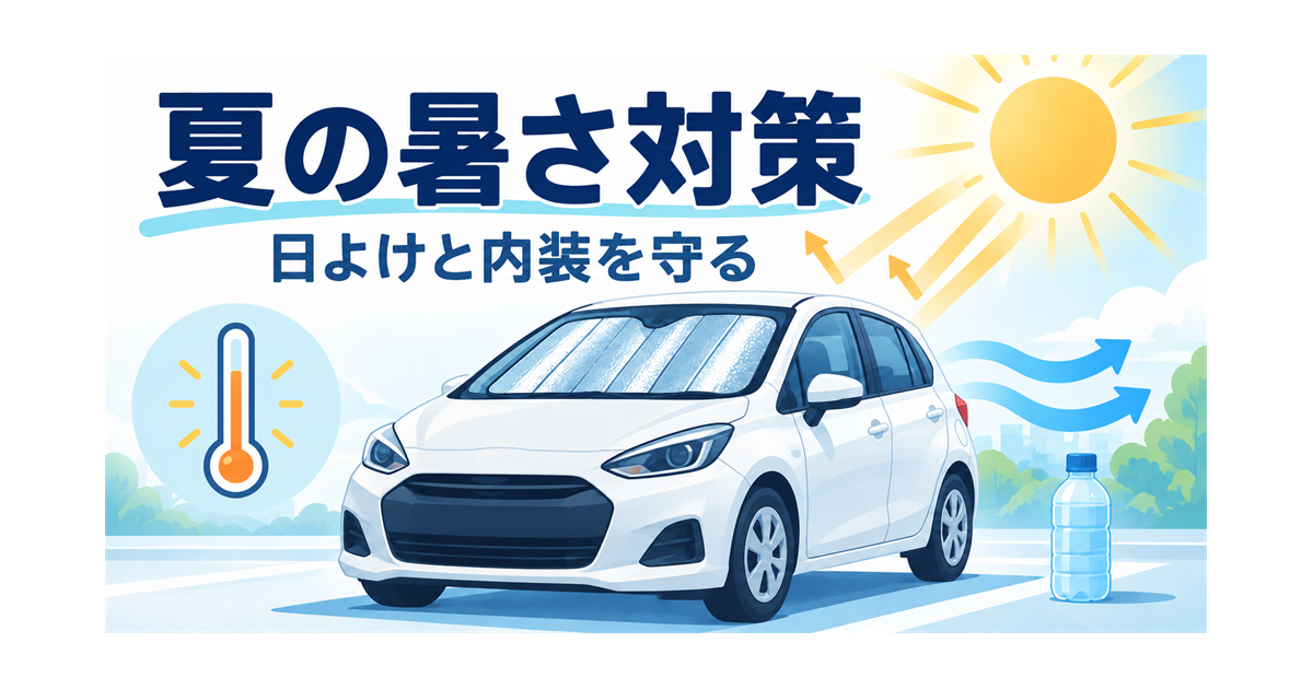 カーリースの車の夏の暑さ対策（日よけ・換気・内装の保護）を示すイラスト