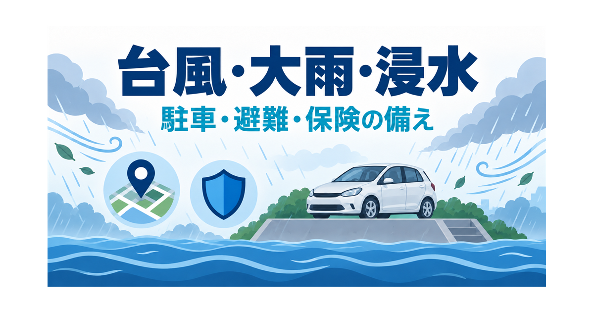 台風・大雨・浸水に備える、車の駐車場所・避難・保険の確認を示すイラスト