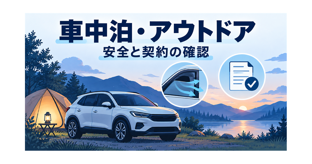 カーリースの車で車中泊・アウトドアをするときの安全と契約の確認を示すイラスト