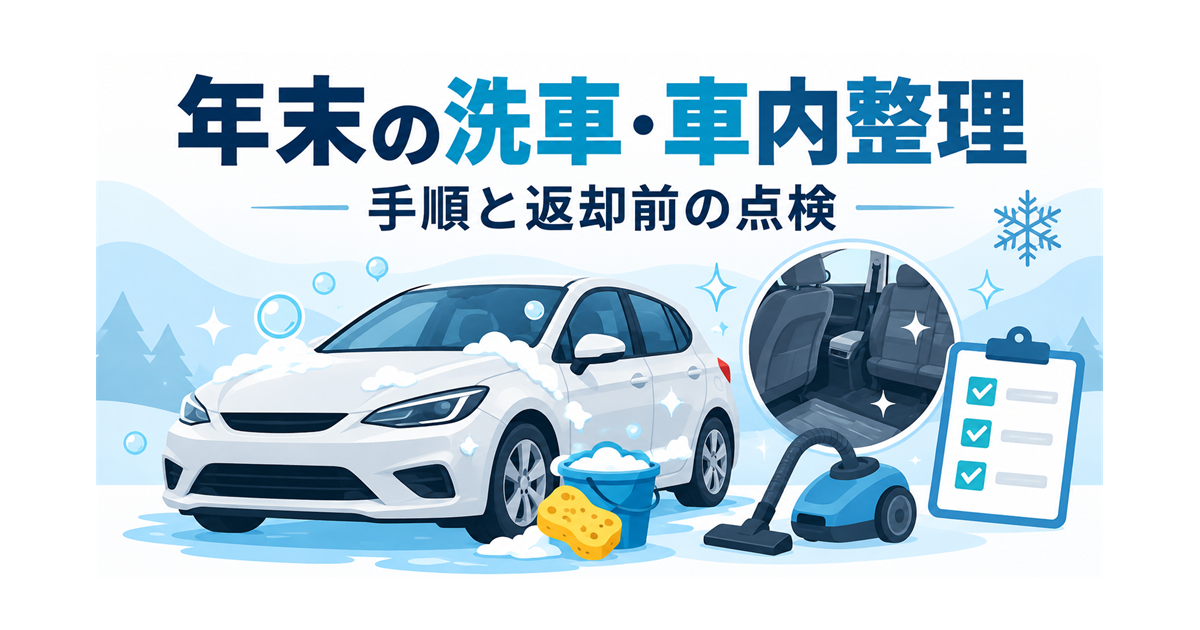年末の洗車と車内整理の手順、返却前の点検を示すイラスト