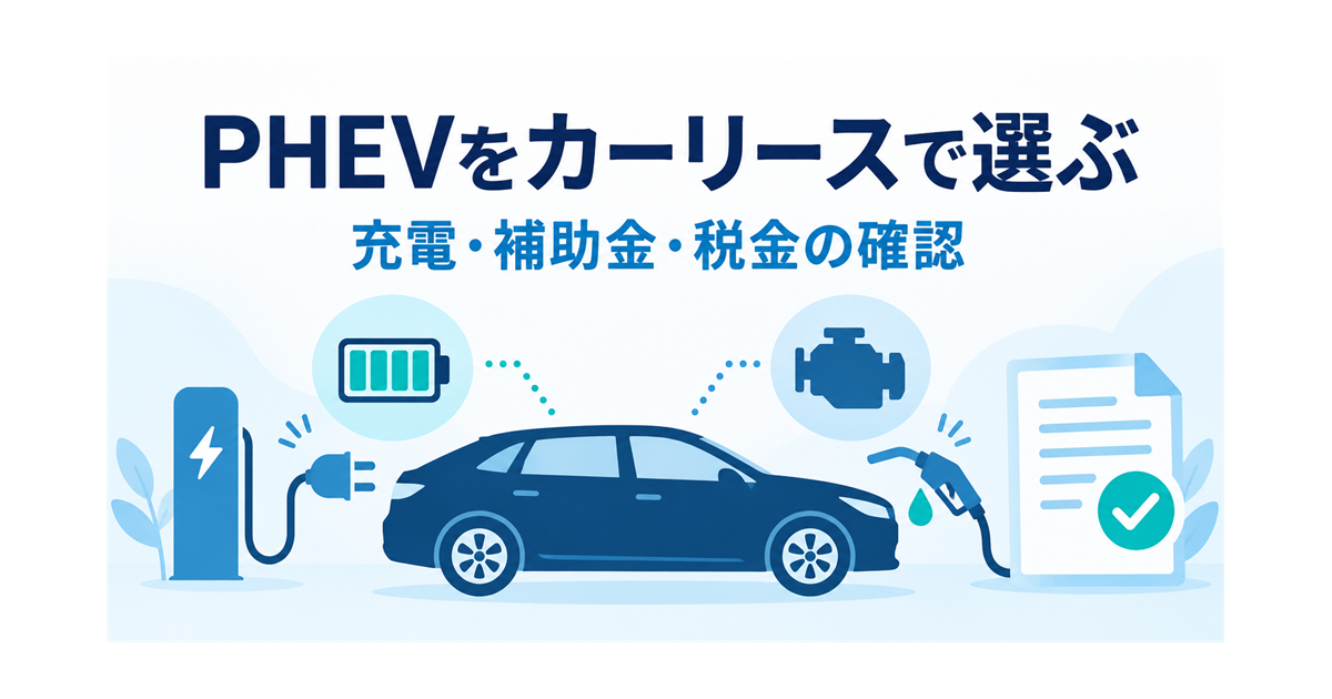 PHEVをカーリースで選ぶときの、充電・補助金・税金の確認を示すイラスト