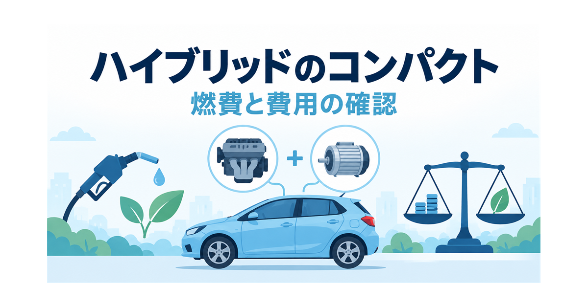 ハイブリッドのコンパクトカーの燃費と費用を比べるイメージを示すイラスト