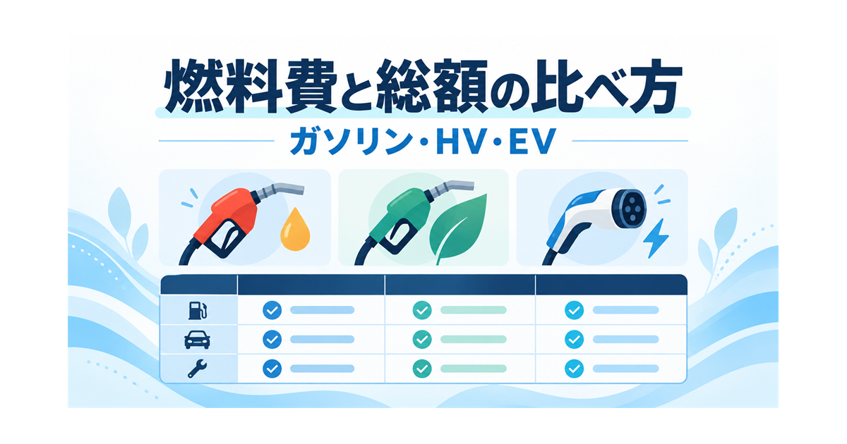 ガソリン車・ハイブリッド車・EVの燃料費と総額を比べる考え方を示すイラスト