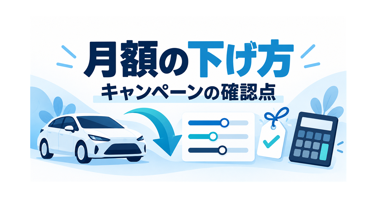 カーリースの月額を下げる条件の見直しと、キャンペーンの確認を示すイラスト